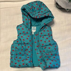 Teal Hooded Vest with Red Heart Pattern